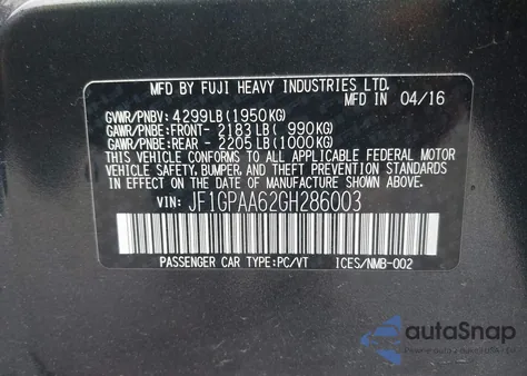 2016 Subaru Impreza 2.0I z USA, uszkodzony, nr VIN JF1GPAA62GH286003